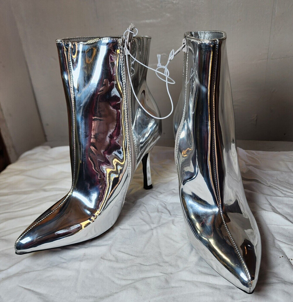 New A New Day Women High Heel Ankle Boots Silver Shiny Pointed Toe Boots Sze 7.5 - Picture 3 of 7